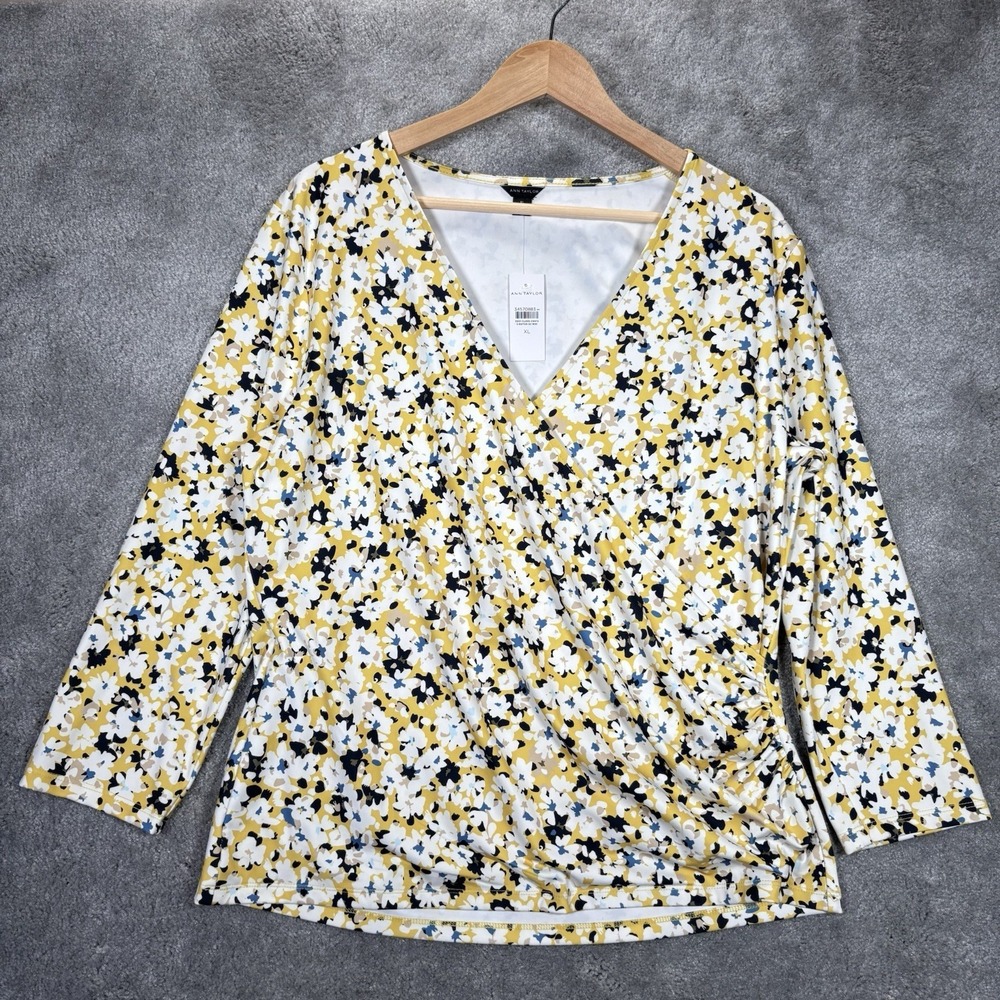 Ann Taylor Blouse Top Womens XL Yellow Floral Faux Wrap Side Ruched Stretch